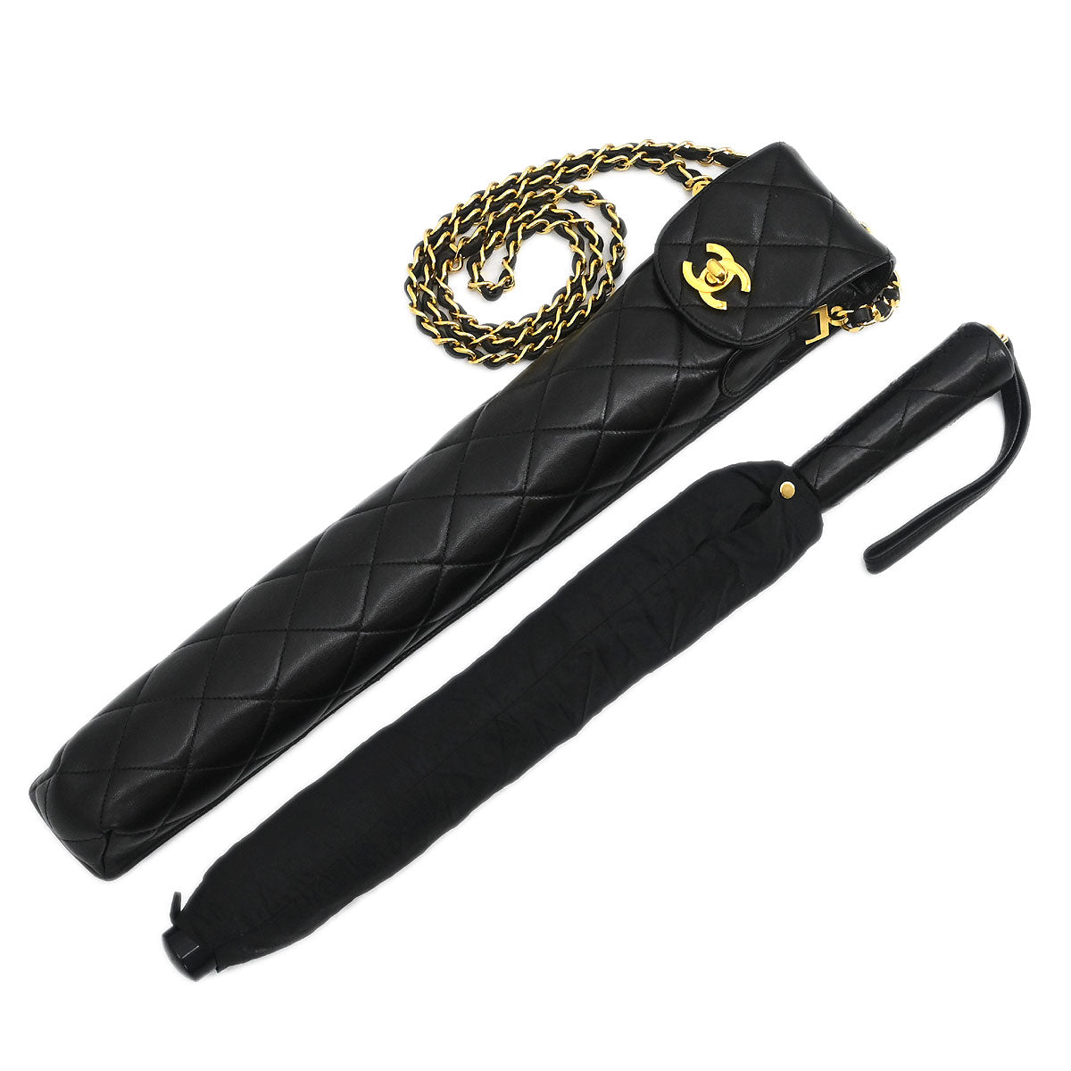 Chanel Black Folding Umbrella & Bag Set Small Good