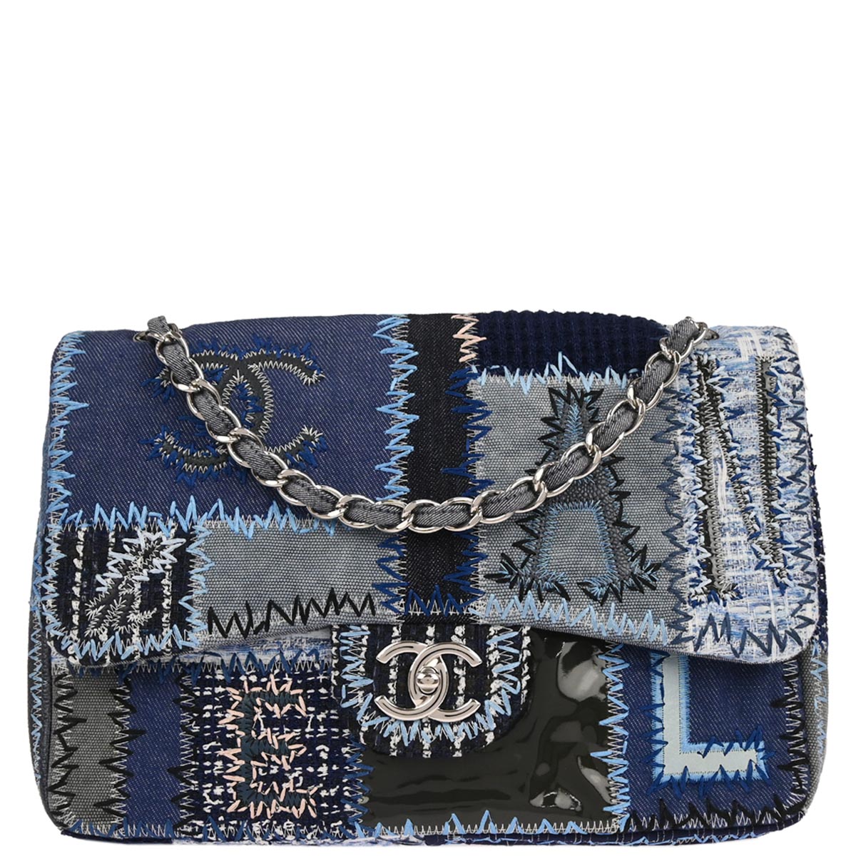 Chanel 2014-2015 Blue Tweed Jumbo Single Flap Patchwork Shoulder Bag
