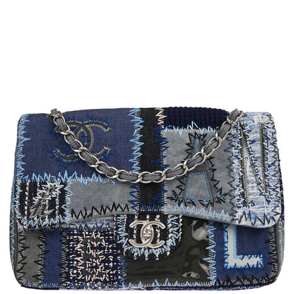 Chanel 2014-2015 Blue Tweed Jumbo Single Flap Patchwork Shoulder Bag