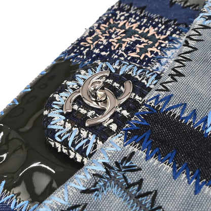 Chanel 2014-2015 Blue Tweed Jumbo Single Flap Patchwork Shoulder Bag