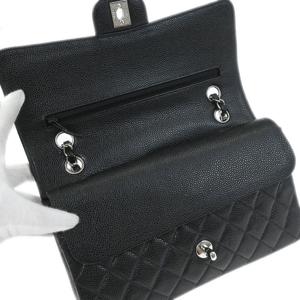 Chanel 2000-2002 Black Caviar Skin Medium Classic Double Flap Shoulder Bag