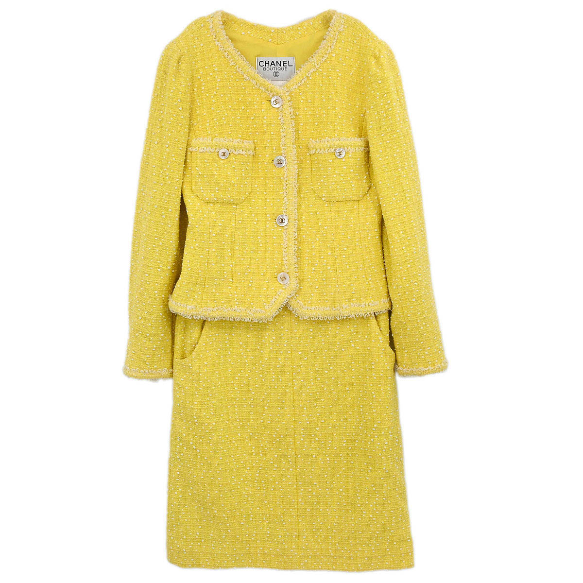 Chanel 1997 Setup Suit Jacket Skirt Tweed Yellow #36