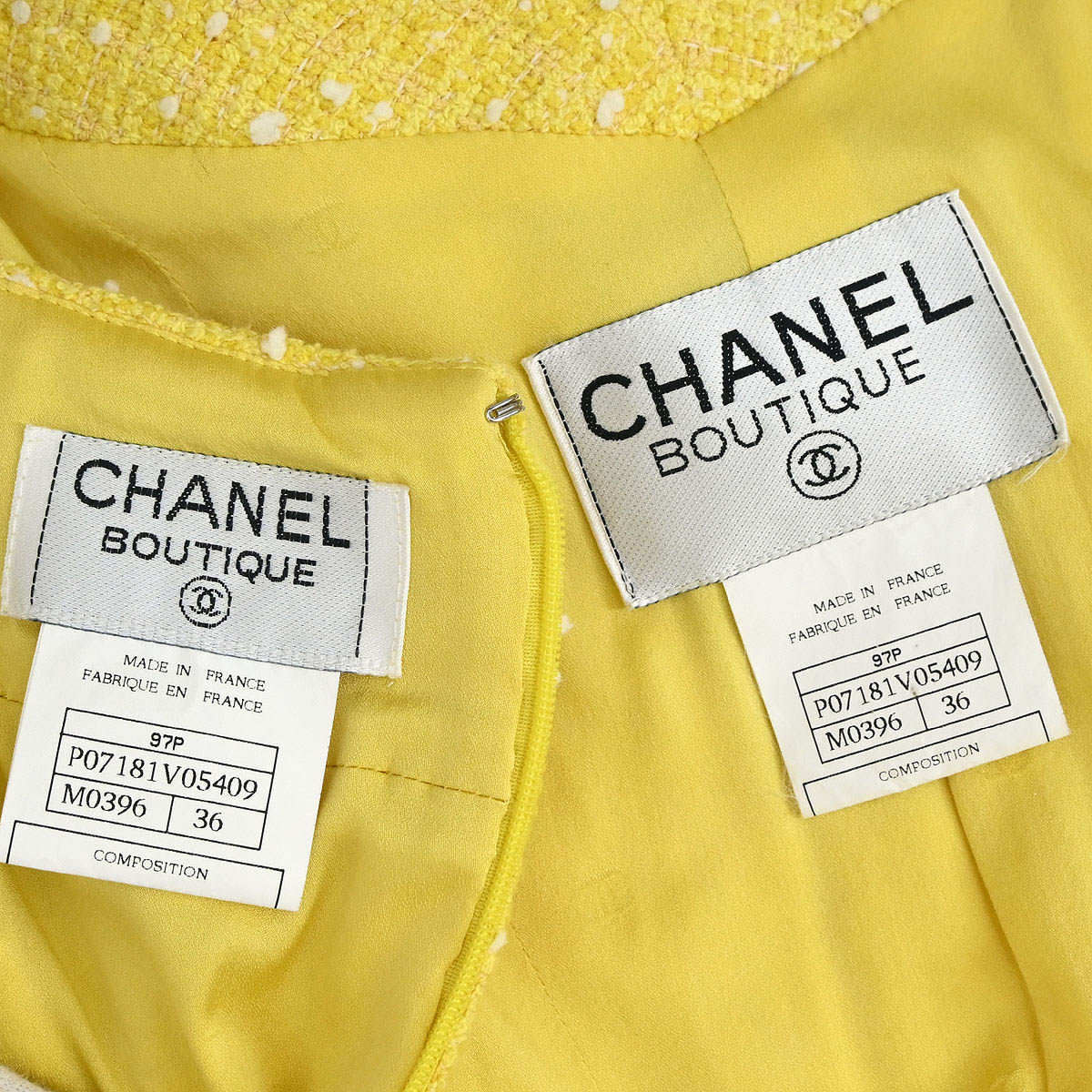 Chanel 1997 Setup Suit Jacket Skirt Tweed Yellow #36
