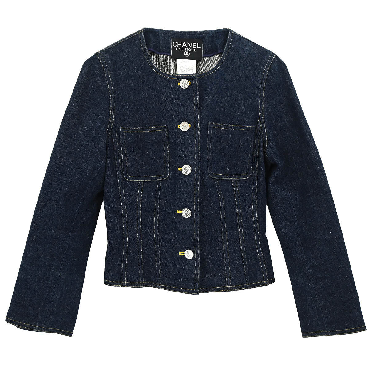 Chanel 1996 Single Breasted Collarless Denim Jacket Indigo #36