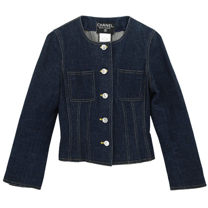 Chanel 1996 Single Breasted Collarless Denim Jacket Indigo #36