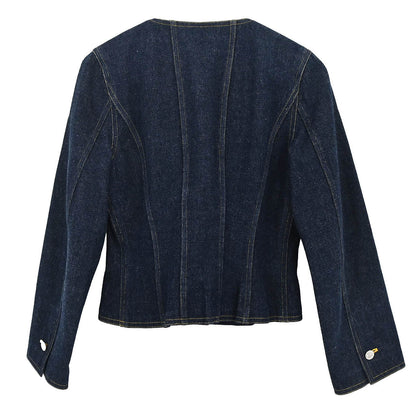 Chanel 1996 Single Breasted Collarless Denim Jacket Indigo #36