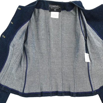 Chanel 1996 Single Breasted Collarless Denim Jacket Indigo #36