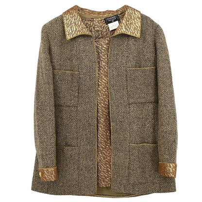 Chanel 1996 Set Tweed Jacket Sleeveless Top Brown Gold #44