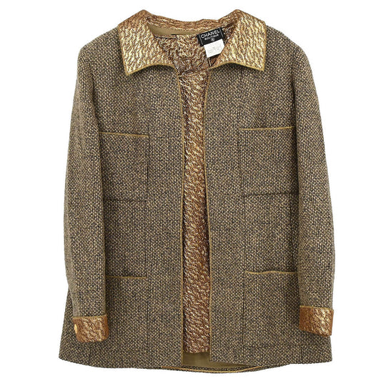 Chanel 1996 Set Tweed Jacket Sleeveless Top Brown Gold #44