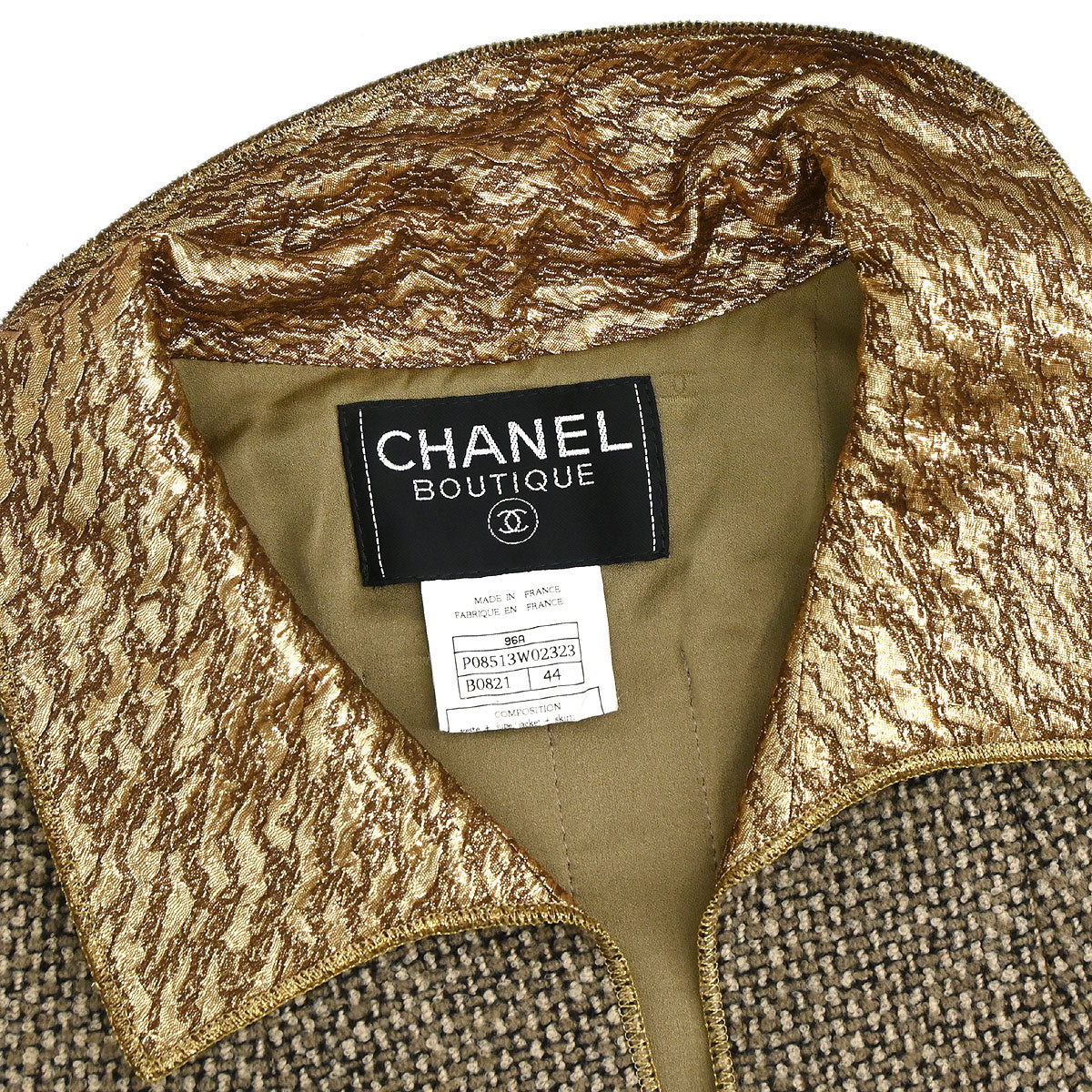 Chanel 1996 Set Tweed Jacket Sleeveless Top Brown Gold #44