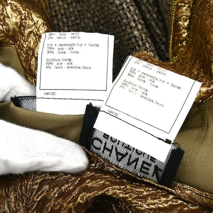 Chanel 1996 Set Tweed Jacket Sleeveless Top Brown Gold #44