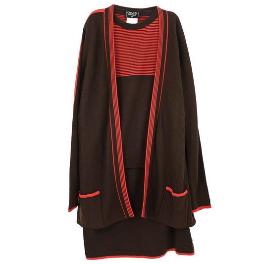 Chanel 1997 3 Setup Suit Cardigan Top Skirt Brown #40