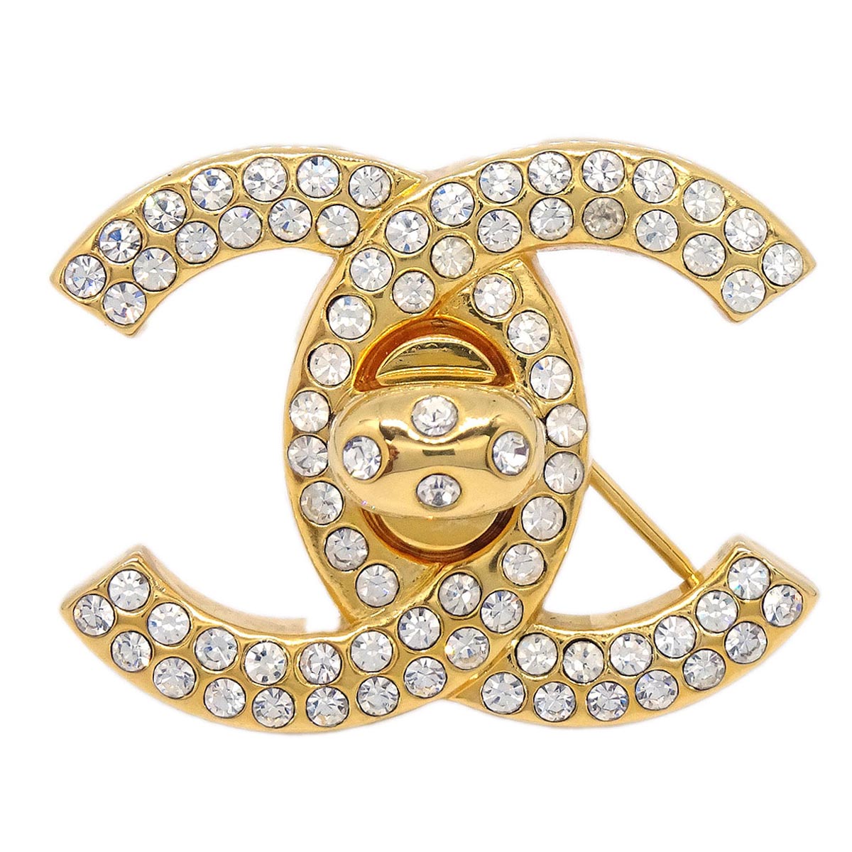 Chanel CC Turnlock Rhinestone Charm Brooch Pin Gold 96A