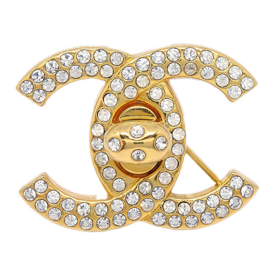 Chanel CC Turnlock Rhinestone Charm Brooch Pin Gold 96A