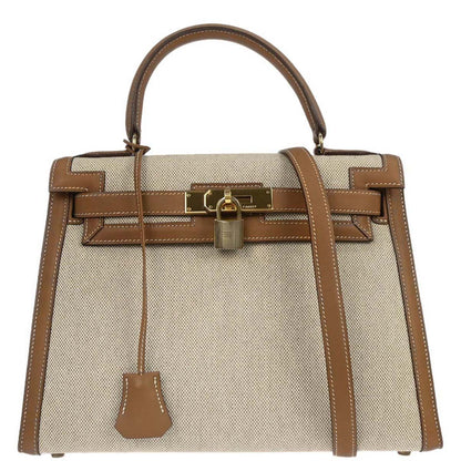 Hermes Beige Natural Toile H Vache Kelly 28 Sellier 2way Shoulder Handbag