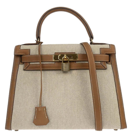 Hermes Beige Natural Toile H Vache Kelly 28 Sellier 2way Shoulder Handbag