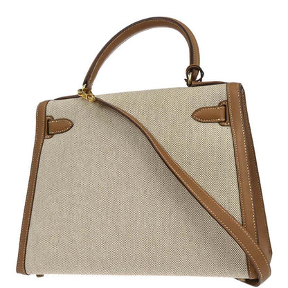 Hermes Beige Natural Toile H Vache Kelly 28 Sellier 2way Shoulder Handbag