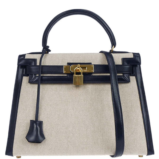 Hermes Beige Navy Toile H Box Calf Kelly 28 Sellier 2way Shoulder Handbag