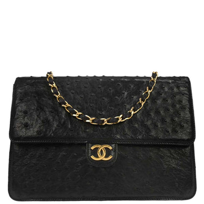 Chanel * 1986-1988 Black Ostrich Pushlock Medium Half Flap Shoulder Bag
