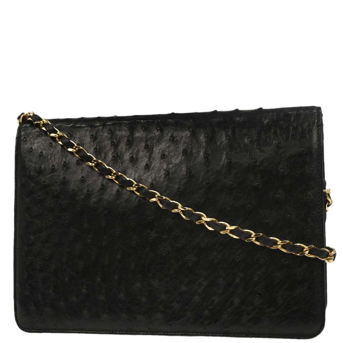Chanel * 1986-1988 Black Ostrich Pushlock Medium Half Flap Shoulder Bag