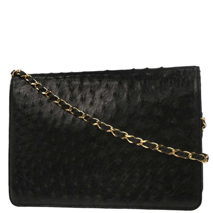 Chanel * 1986-1988 Black Ostrich Pushlock Medium Half Flap Shoulder Bag