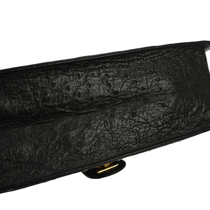 Chanel * 1986-1988 Black Ostrich Pushlock Medium Half Flap Shoulder Bag