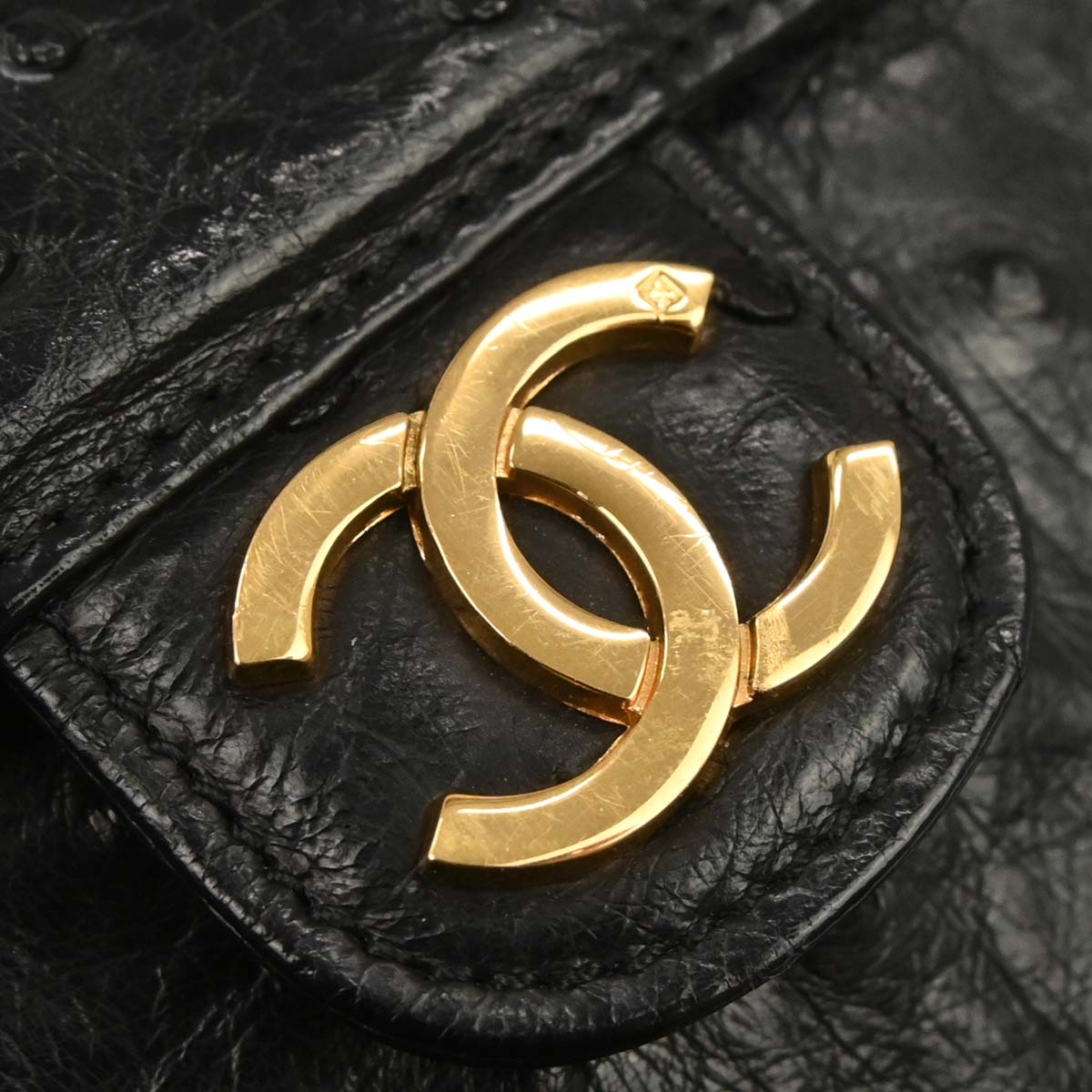 Chanel * 1986-1988 Black Ostrich Pushlock Medium Half Flap Shoulder Bag