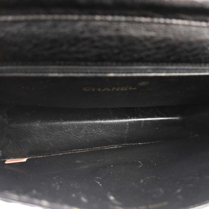 Chanel * 1986-1988 Black Ostrich Pushlock Medium Half Flap Shoulder Bag