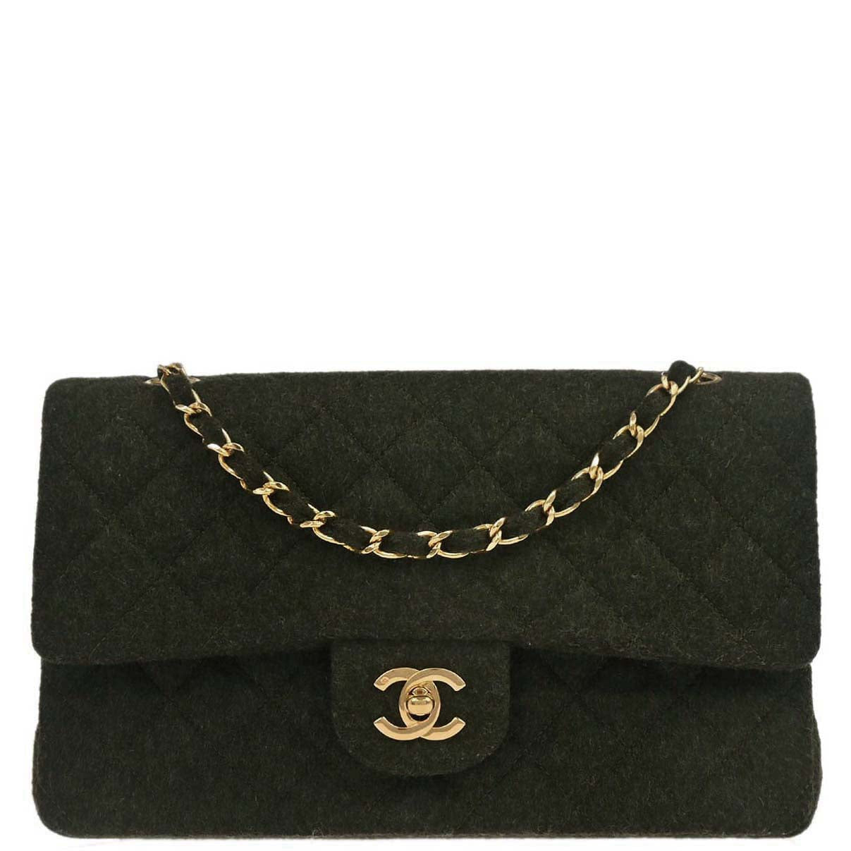 Chanel Moss Green Wool Medium Classic Double Flap Shoulder Bag