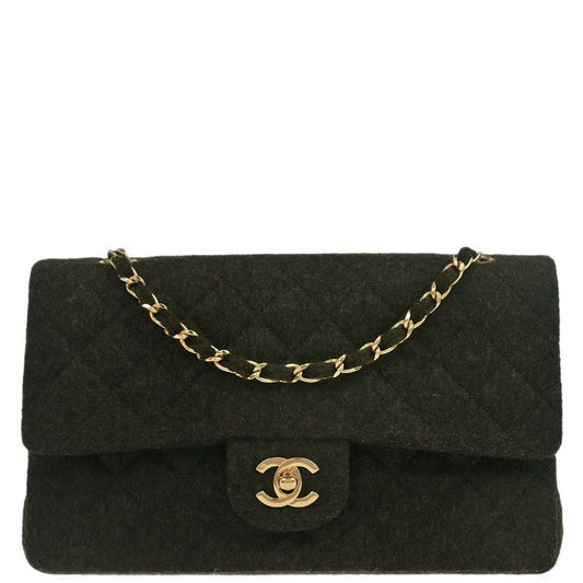 Chanel Moss Green Wool Medium Classic Double Flap Shoulder Bag