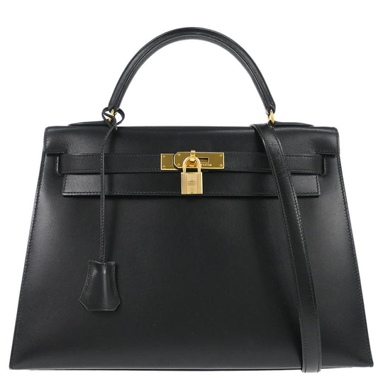 Hermes Black Box Calf Kelly 32 Sellier 2way Shoulder Handbag