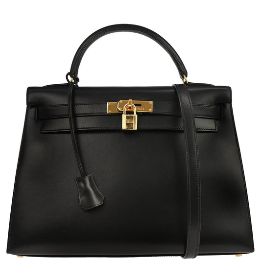 Hermes Black Box Calf Kelly 32 Sellier 2way Shoulder Handbag