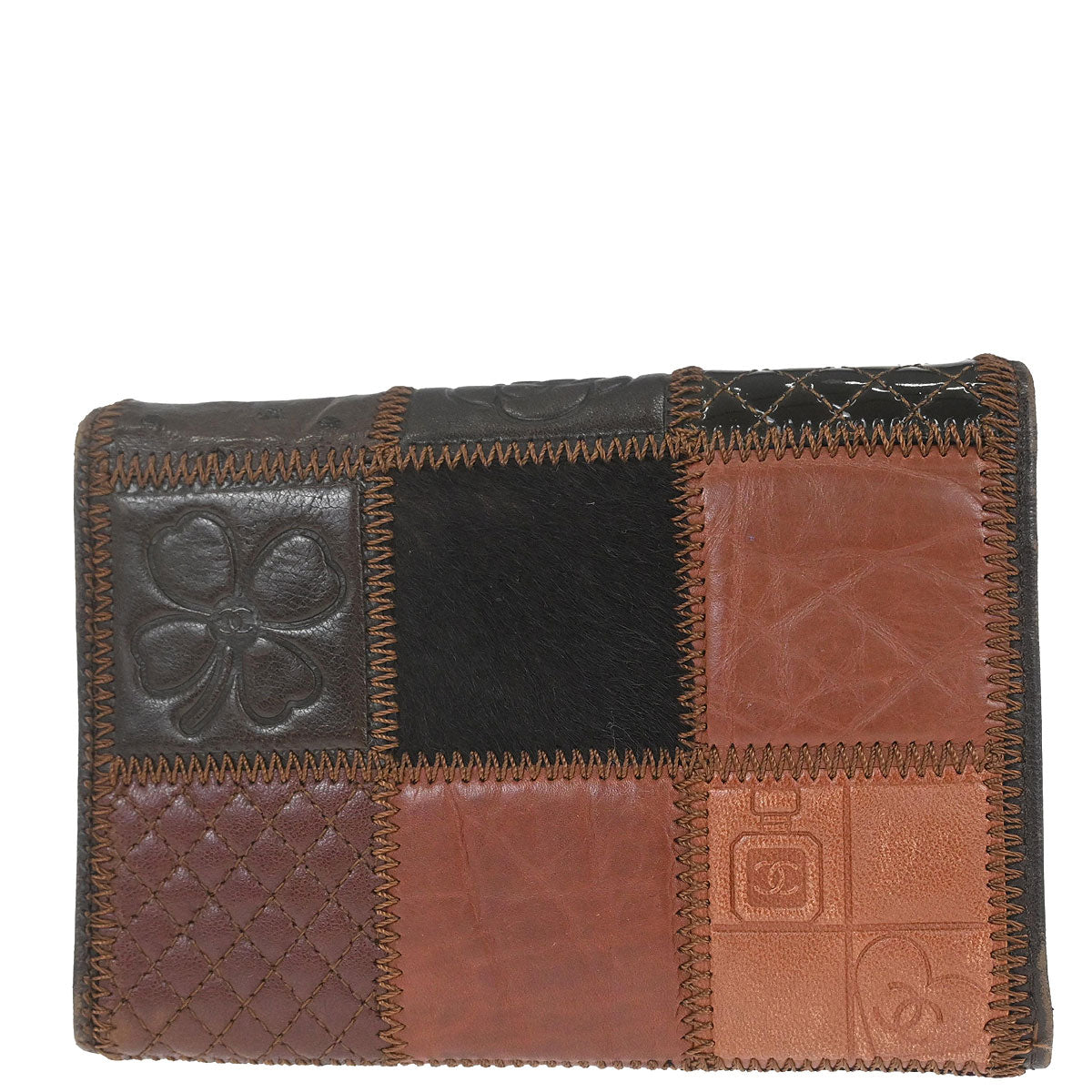 Chanel * Brown Lambskin Calfskin Pony Hair Icon Patchwork Wallet