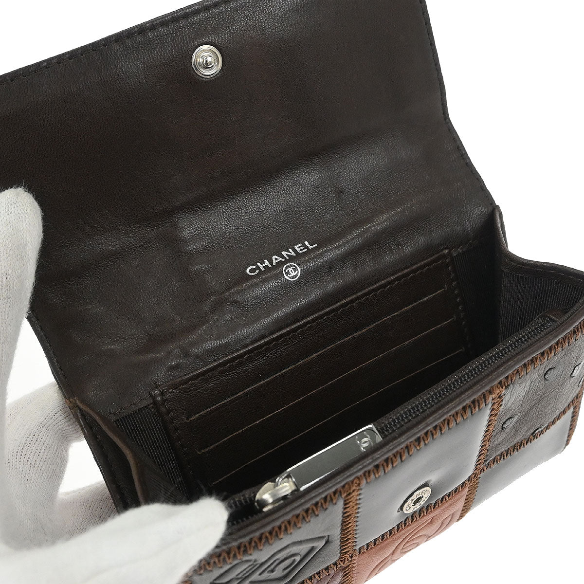 Chanel * Brown Lambskin Calfskin Pony Hair Icon Patchwork Wallet