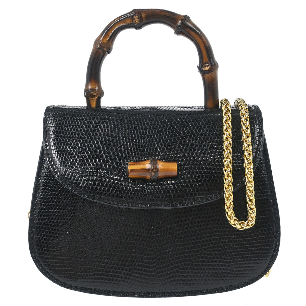 Gucci * Black Lizard Bamboo 2way Shoulder Handbag