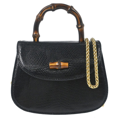 Gucci * Black Lizard Bamboo 2way Shoulder Handbag
