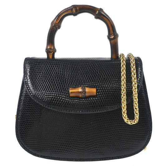 Gucci * Black Lizard Bamboo 2way Shoulder Handbag