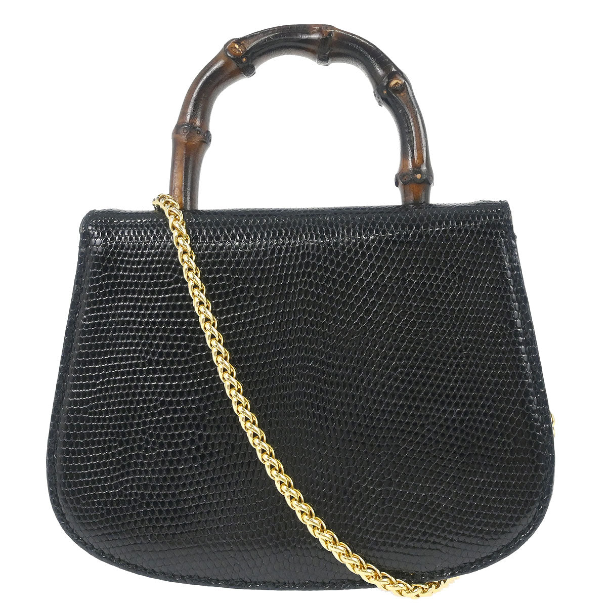 Gucci * Black Lizard Bamboo 2way Shoulder Handbag