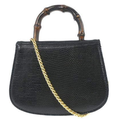 Gucci * Black Lizard Bamboo 2way Shoulder Handbag