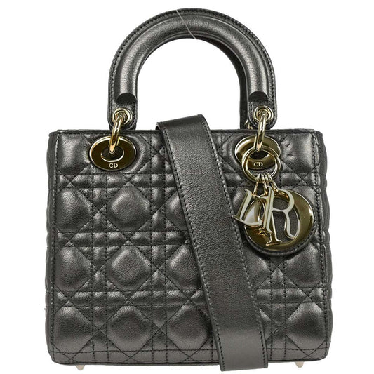 Christian Dior Silver Lambskin Small Lady Dior Cannage 2way Shoulder Handbag