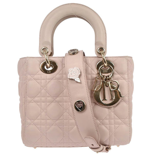Christian Dior Pink Lambskin Small Lady Dior Cannage 2way Shoulder Handbag