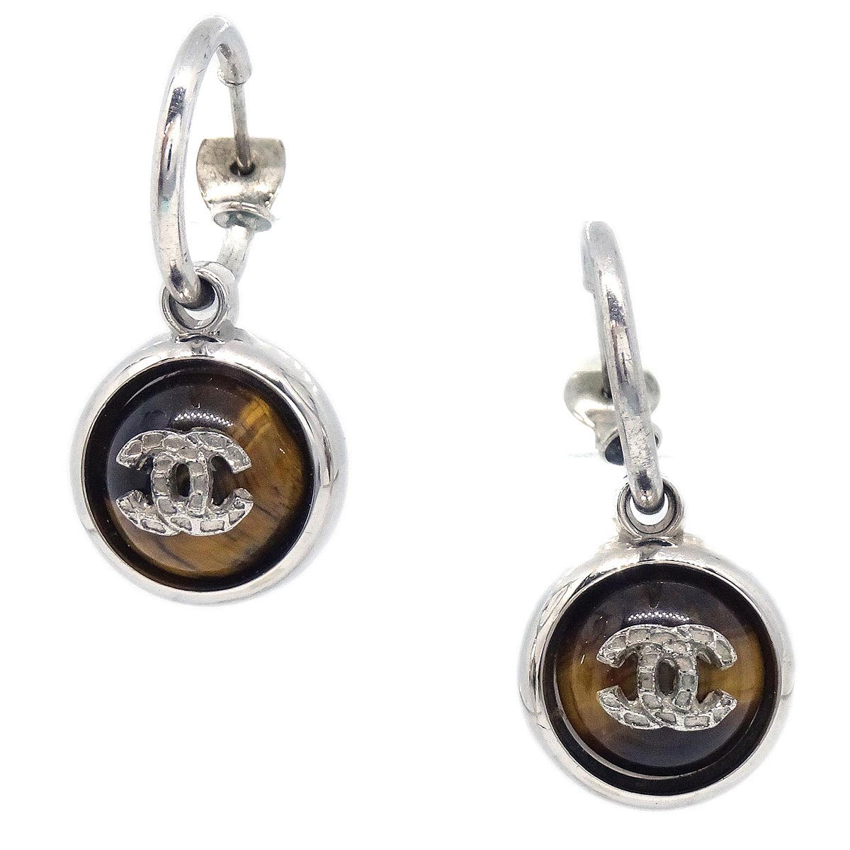 Chanel Button Dangle Pierced Earrings Brown 00A
