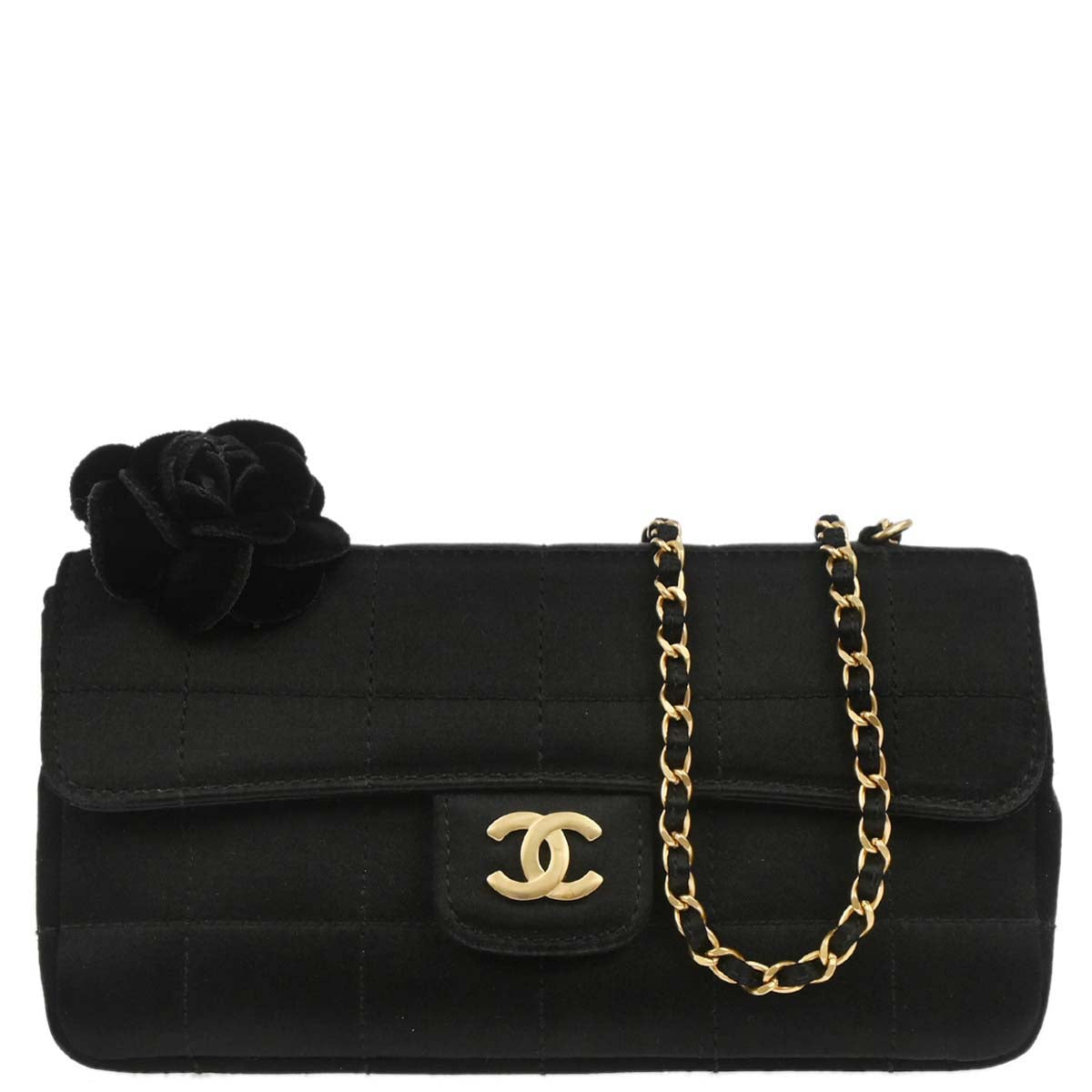 Chanel 2000-2002 Black Satin Camellia Choco Bar Shoulder Bag
