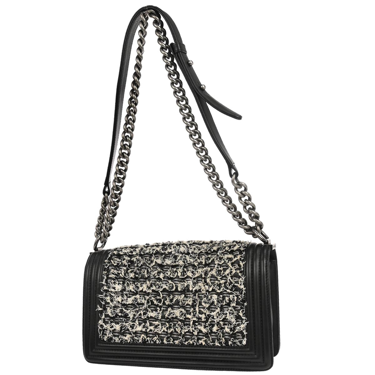 Boy Chanel Black Tweed Lambskin Medium Double Chain Shoulder Bag