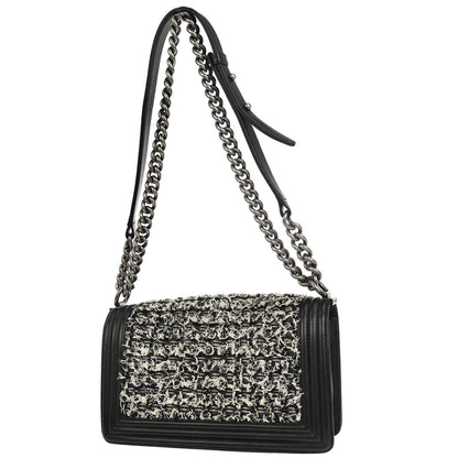 Boy Chanel Black Tweed Lambskin Medium Double Chain Shoulder Bag