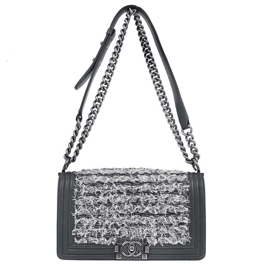 Boy Chanel Gray Tweed Lambskin Medium Double Chain Shoulder Bag