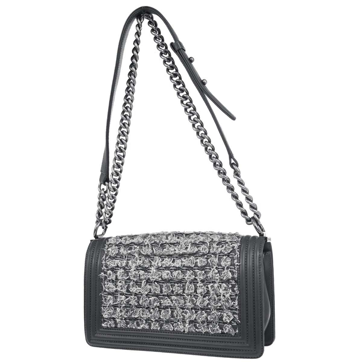 Boy Chanel Gray Tweed Lambskin Medium Double Chain Shoulder Bag
