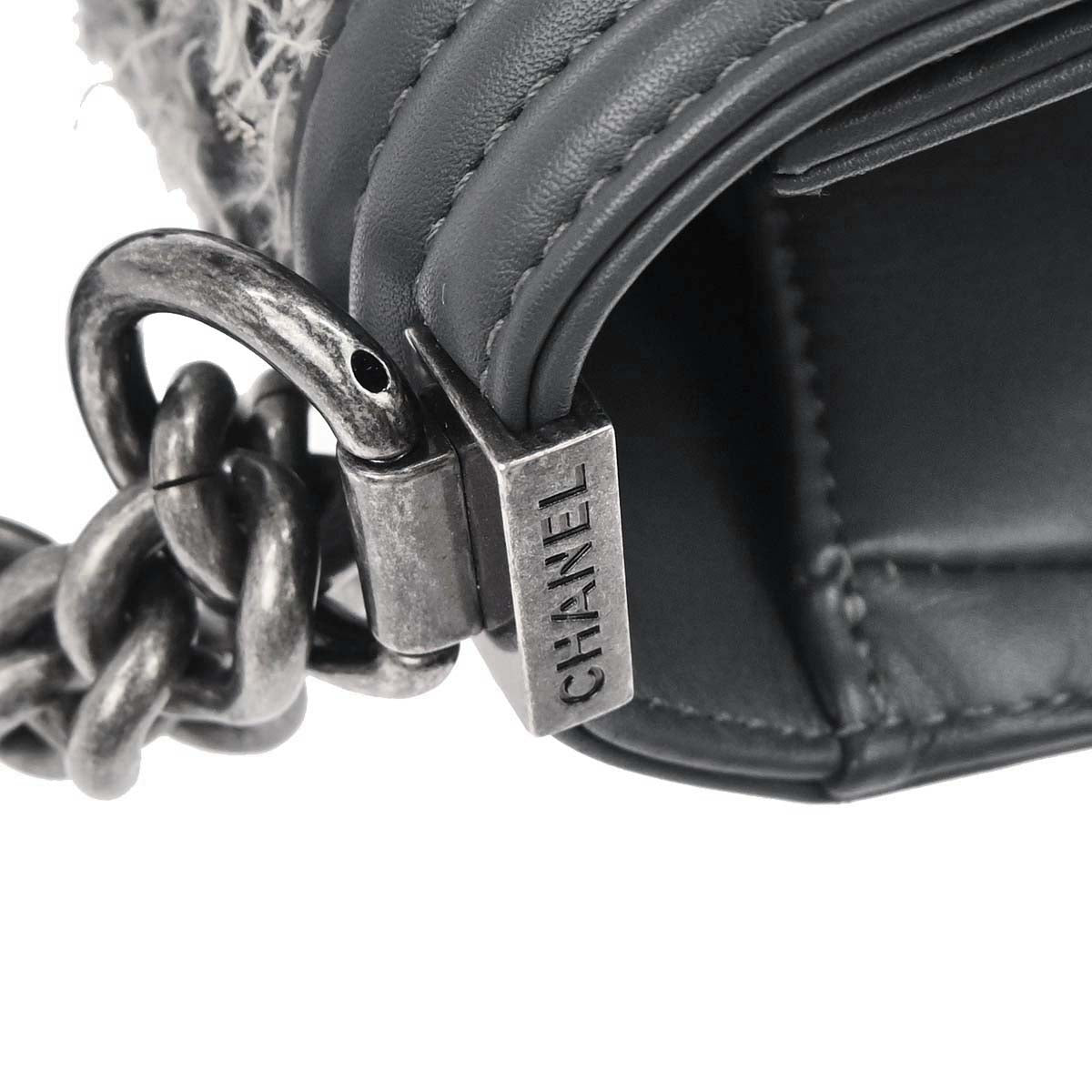 Boy Chanel Gray Tweed Lambskin Medium Double Chain Shoulder Bag