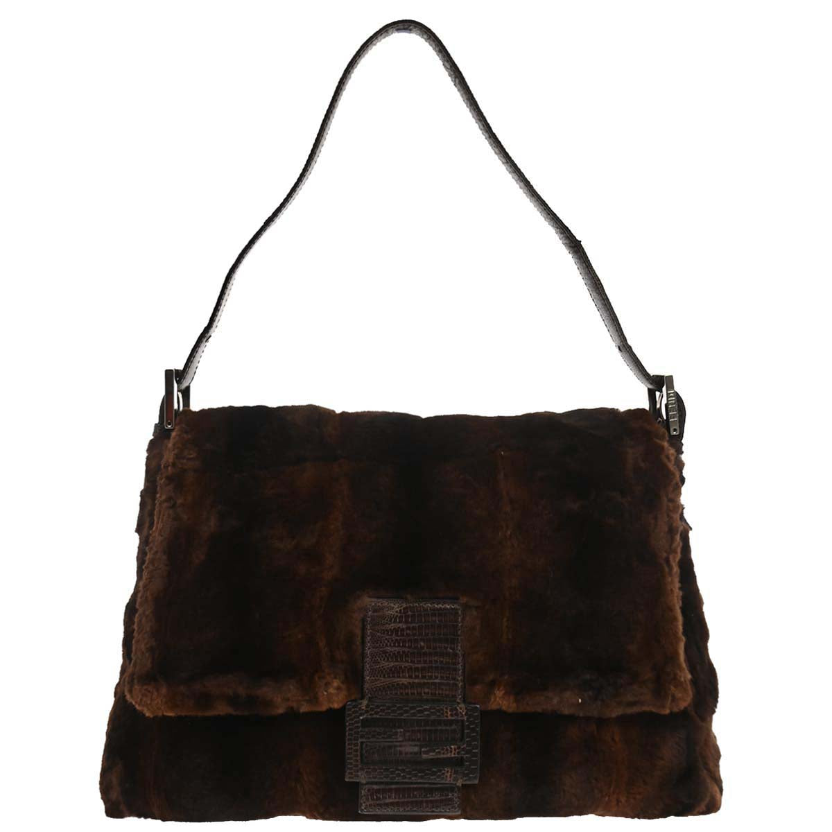 Fendi * Brown Lapin Fur Crocodile Mamma Baguette Handbag