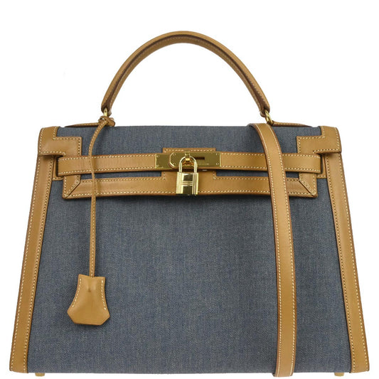 Hermes Blue Natural Toile Jean Vache Kelly 32 Sellier 2way Shoulder Handbag